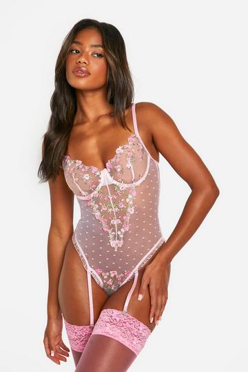 Floral Mesh Underwire Bodysuit pink