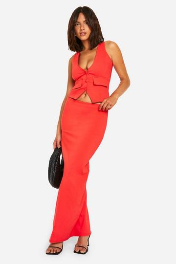 Plunge Pocket Detail Vest & Column Maxi Skirt red orange