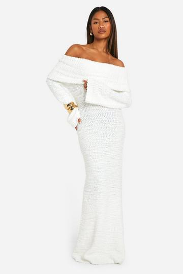 Boucle Extreme Foldover Off The Shoulder Knitted Maxi Dress ecru