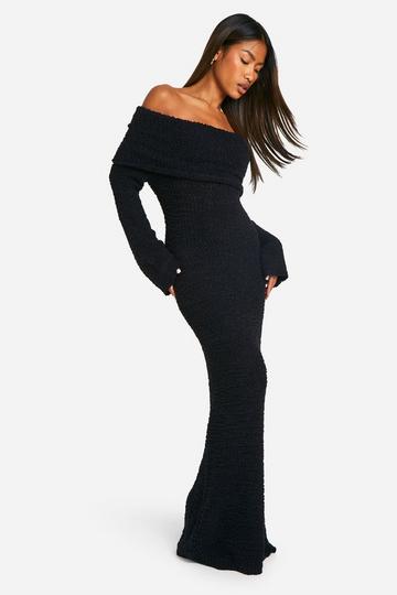 Boucle Extreme Foldover Bardot Knitted Maxi Dress true black