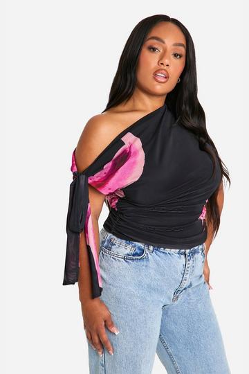 Plus Asymmetrische Mesh Bloemen Top pink