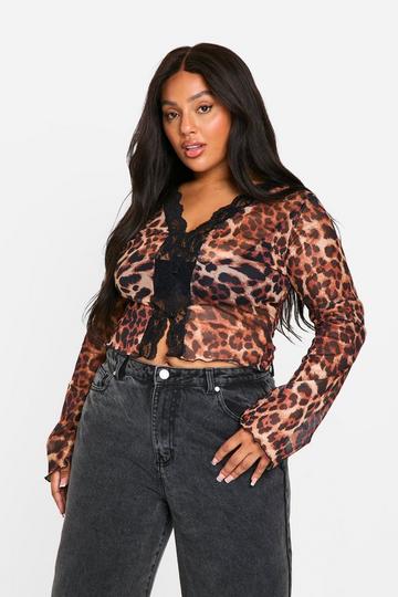 Plus Mesh Leopard Lace Detail Top leopard