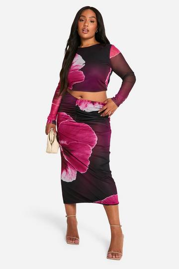 Plus Grote Mesh Geplooide Bloemen Midaxi Rok Met Rugopdruk pink