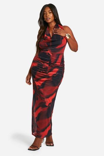 Plus Floral Mesh Cowl Neck Maxi Dress red