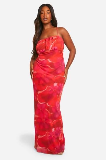 Plus Abstract Floral Strappy Maxi Dress pink