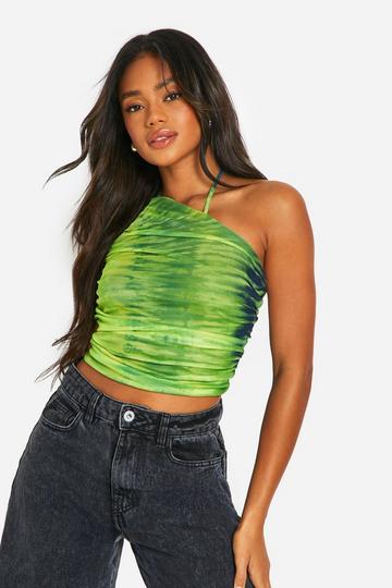 Green Printed Mesh Halter Top