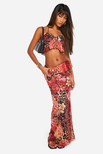 Printed Mesh Ruffle Maxi Skirt multi