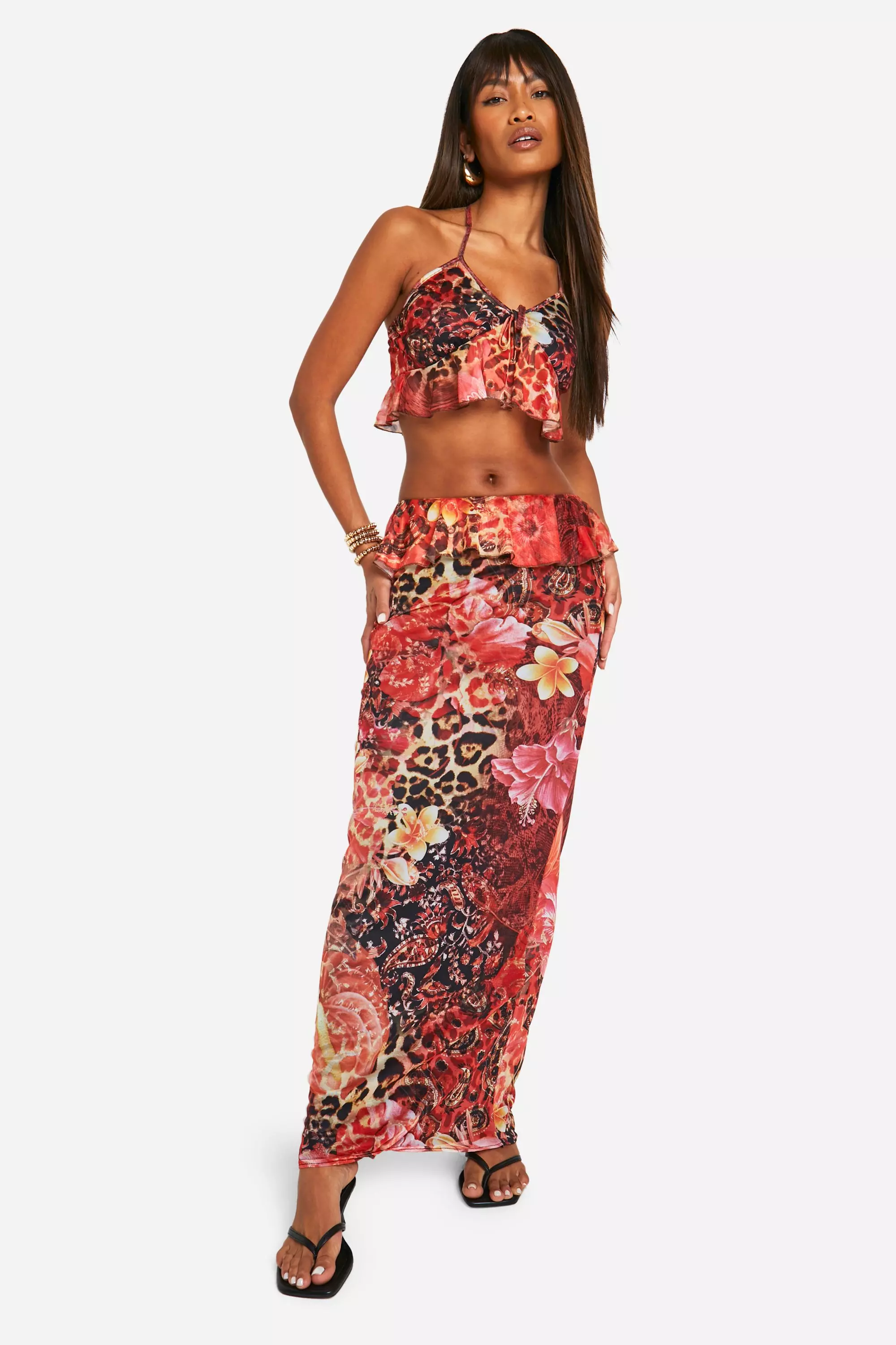 Multi Printed Mesh Ruffle Maxi Skirt صورة بديلة