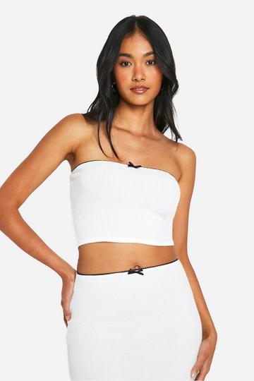 Ribbed Contrast Bow Detail Bandeau Top white