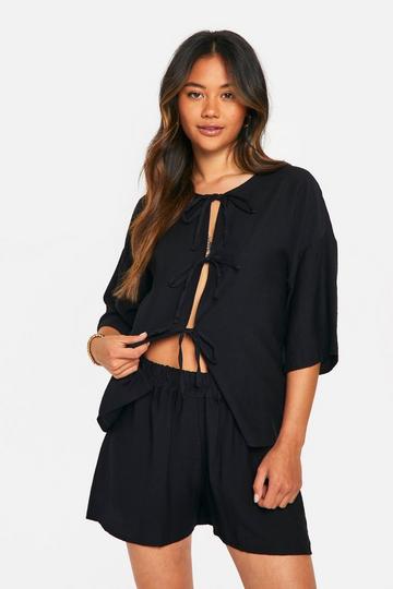 Tie Front Volume Sleeve Blouse & Flippy Shorts black