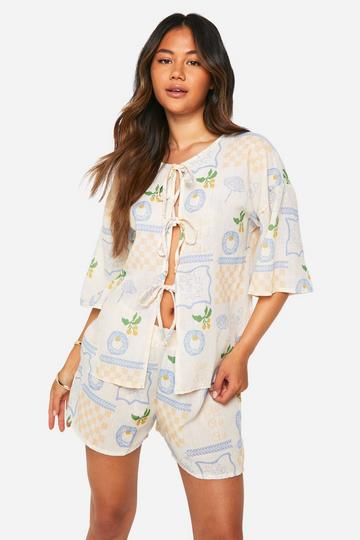 Postcard Print Tie Front Oversized Blouse & Flippy Shorts stone