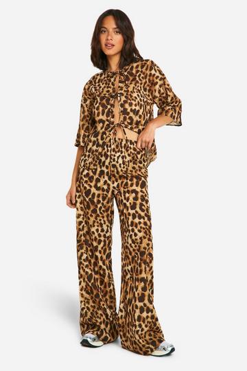 Leopard Tie Front Oversized Blouse & Wide Leg Trousers black