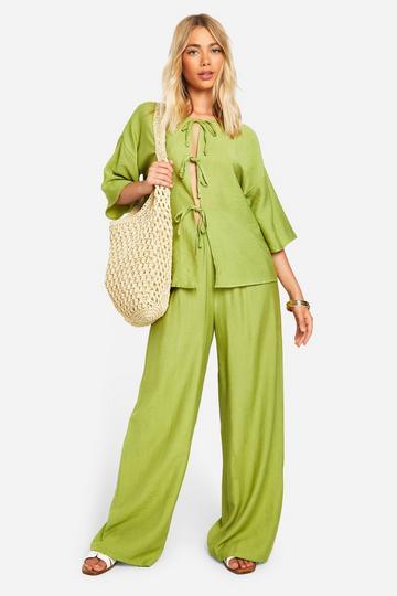 Olive Green Linen Look Tie Front Top & Wide Leg Trousers