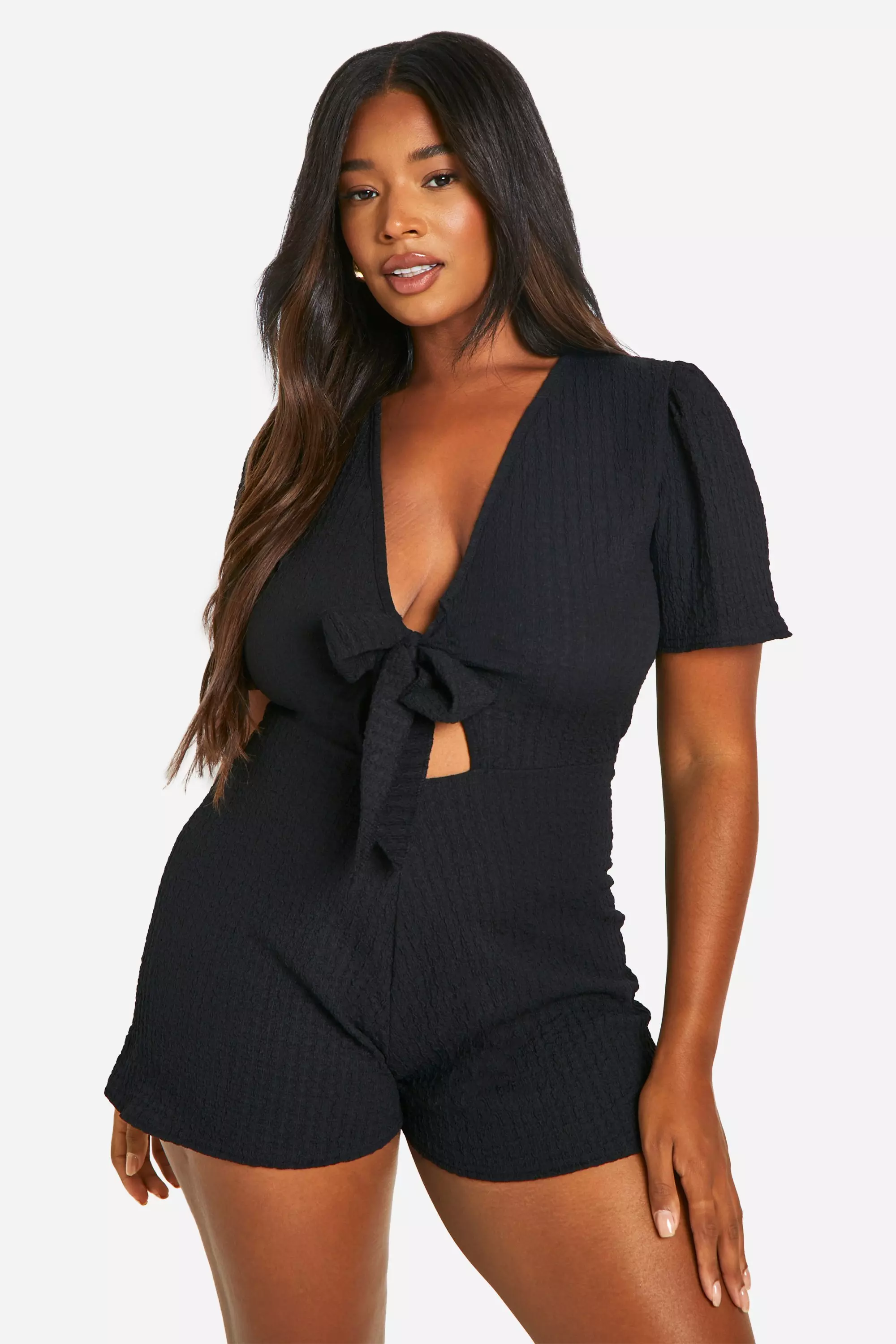Black Plus Textured Tie Front Flippy Playsuit  alternative image