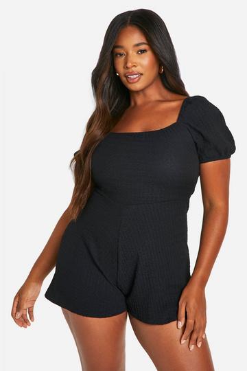 Plus Textured Puff Sleeve Flippy Playsuit black