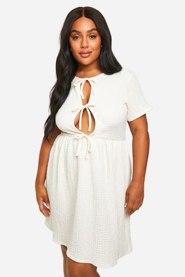 Cream White Plus Textured Tie Front Smock Dress