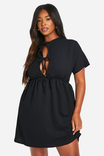 Plus Textured Tie Front Smock Dress black