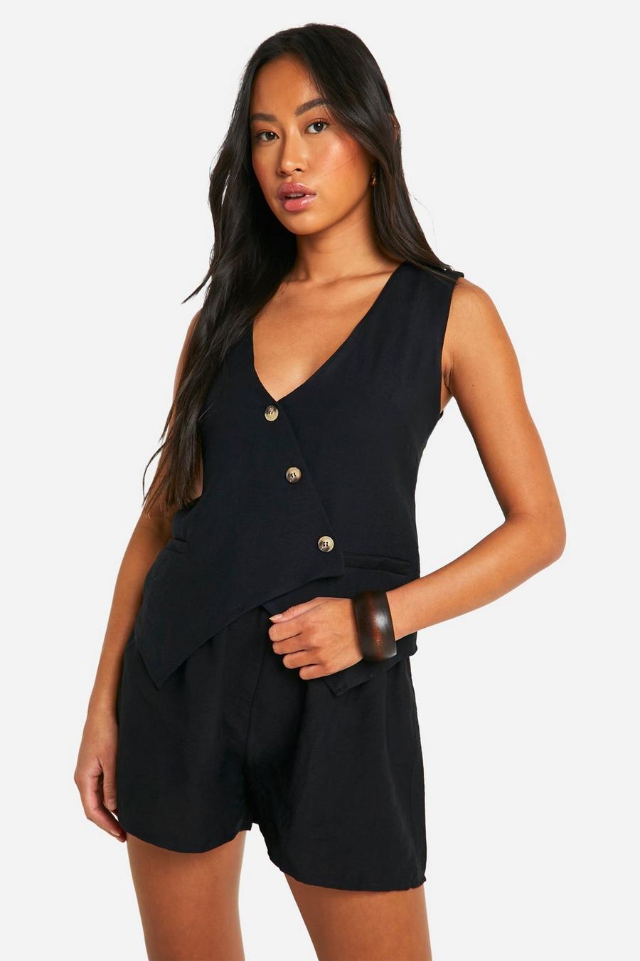 Black Linen Look Asymmetric Waistcoat & Flippy Shorts image number 1