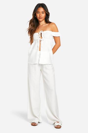 Linen Look Off The Shoulder Top & Wide Leg Pants ivory