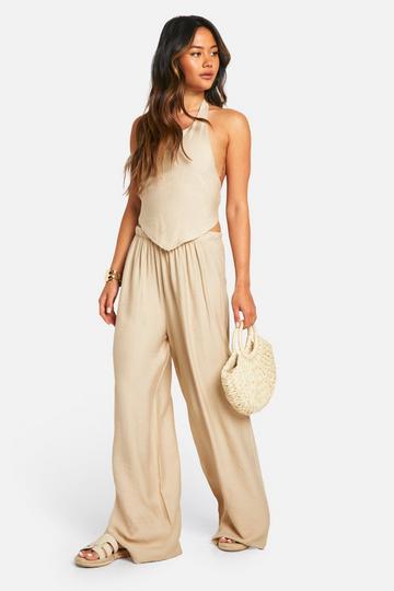 Linnen Look Crop Top Met Halter Neck En Wide Leg Broek stone