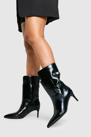 Buckle Detail Stiletto Calf High Boots black