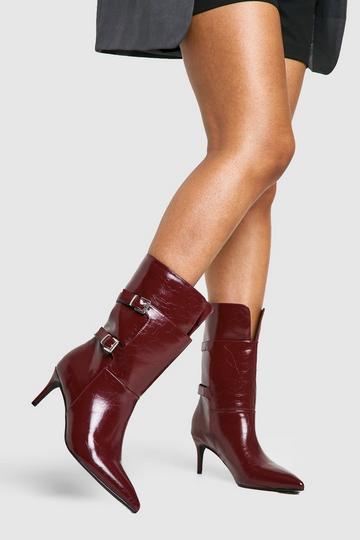 Buckle Detail Stiletto Calf High Boots oxblood