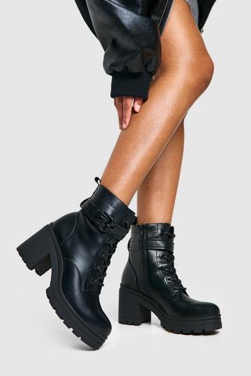 Buckle Detail Lace Up Combat Boots black