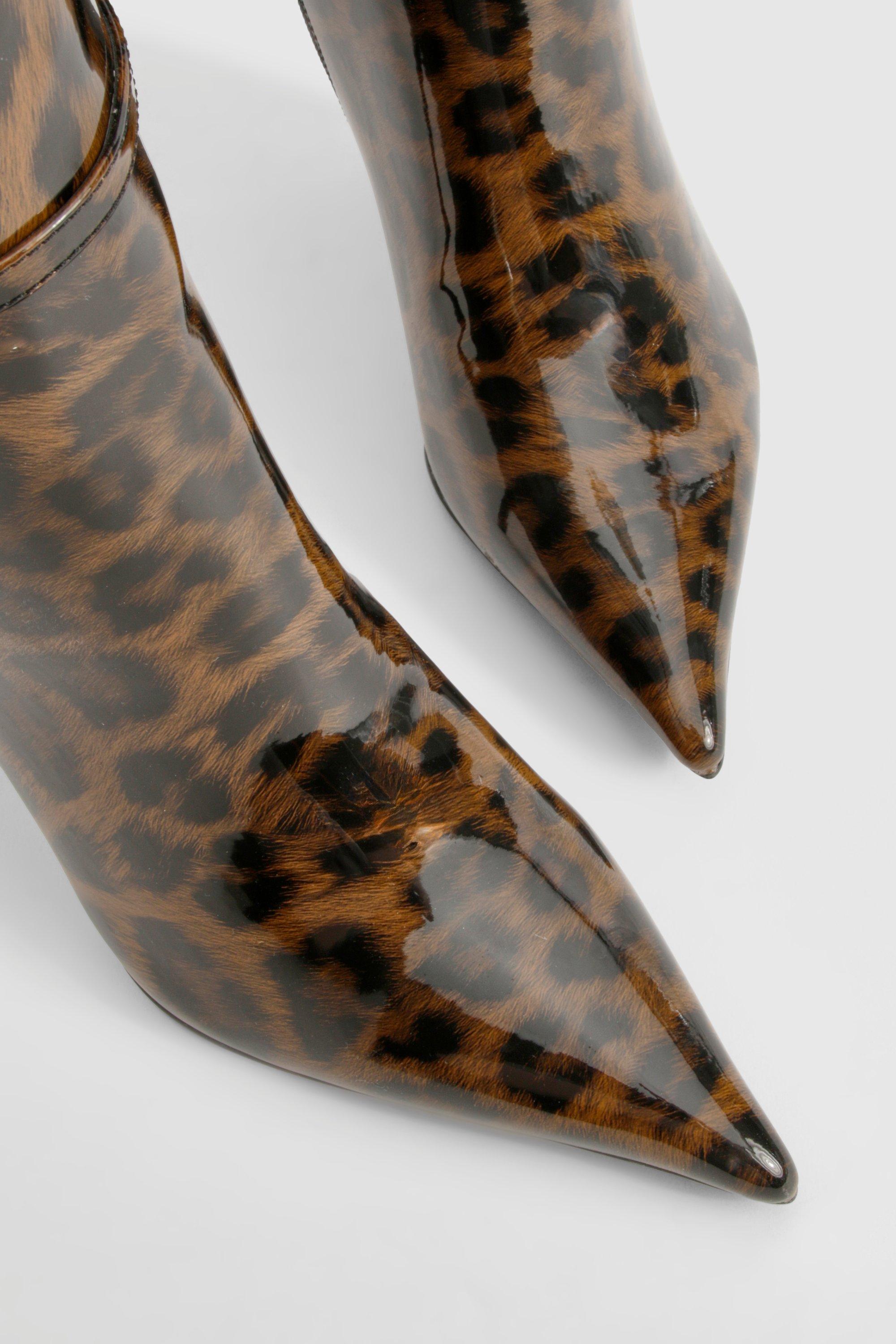 Leopard Stiletto Pointed Knee High Boots boohoo