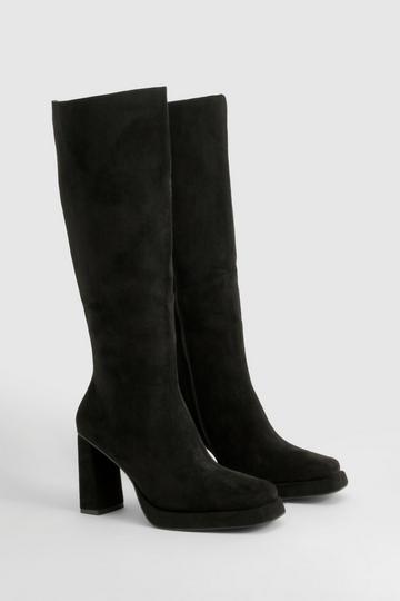 Faux Suede Block Heel Platform Knee High Boots black