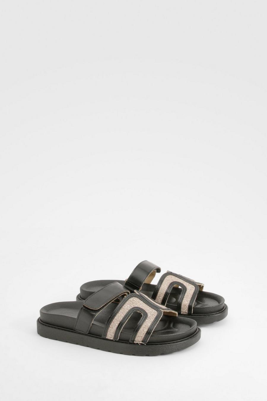 Black Linen Look Cut Out Detail Sandals