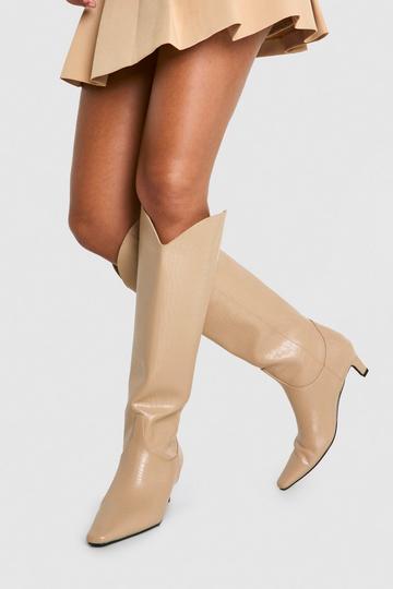 Croc Low Heel Knee High Boots nude