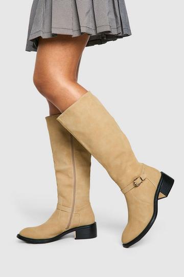 Buckle Detail Knee High Riding Boots beige