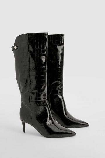 Croc Curved Stiletto Knee High Boots black