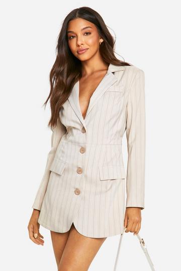 Getailleerde Blazer Playsuit Met Krijtstrepen En Ceintuur stone