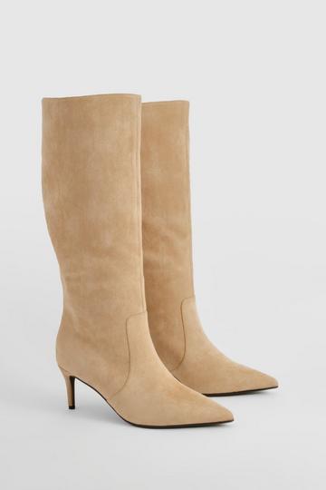 Beige Faux Suede Stiletto Knee High Boots