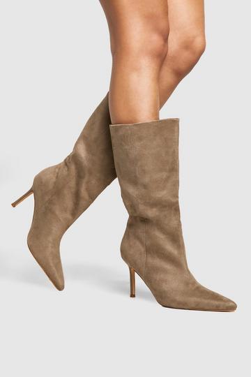 Grey Wide Fit Faux Suede Stiletto Calf High Boots