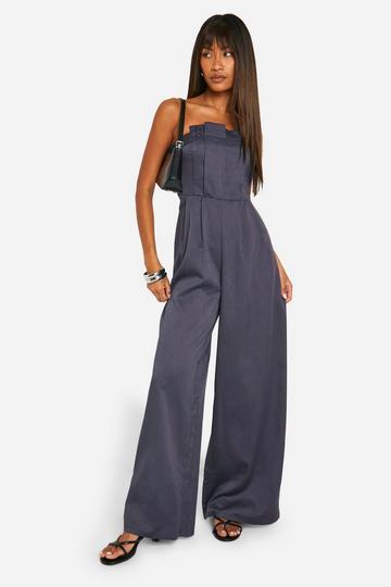 Getailleerde Geplooide Strapless Jumpsuit navy