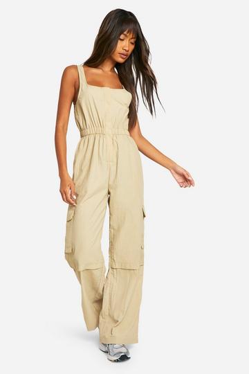 Stone Beige Cargo Woven Utility Scoop Jumpsuit