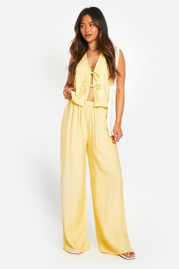 Linen Look Tie Front Top & Wide Leg Trousers lemon