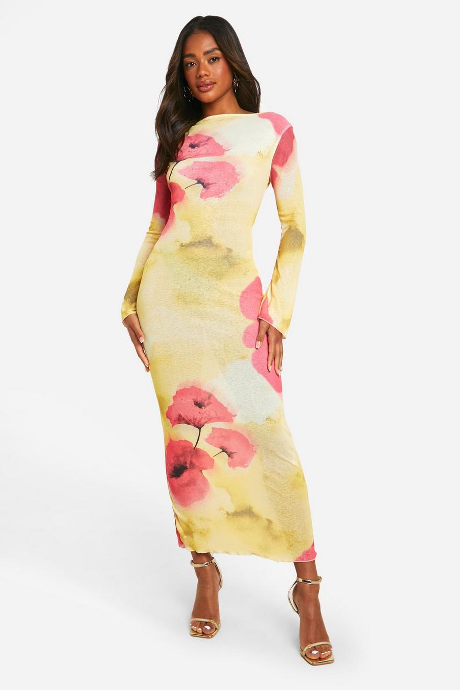 Vestido maxi transparente con espalda en U y estampado de flores, Yellow image number 1