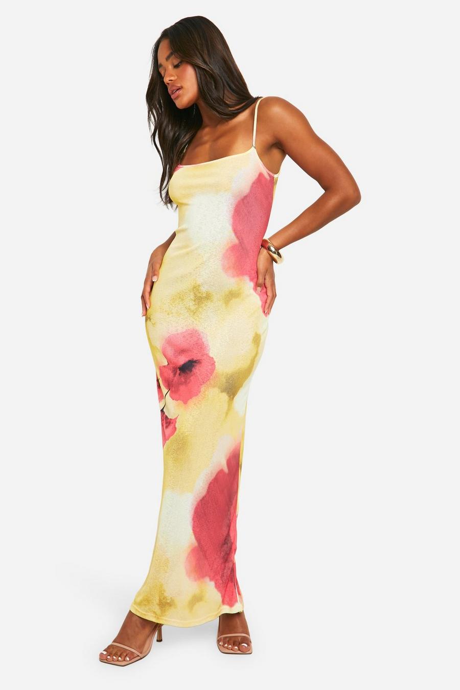 Yellow Sheer Floral Strappy Maxi Dress image number 1