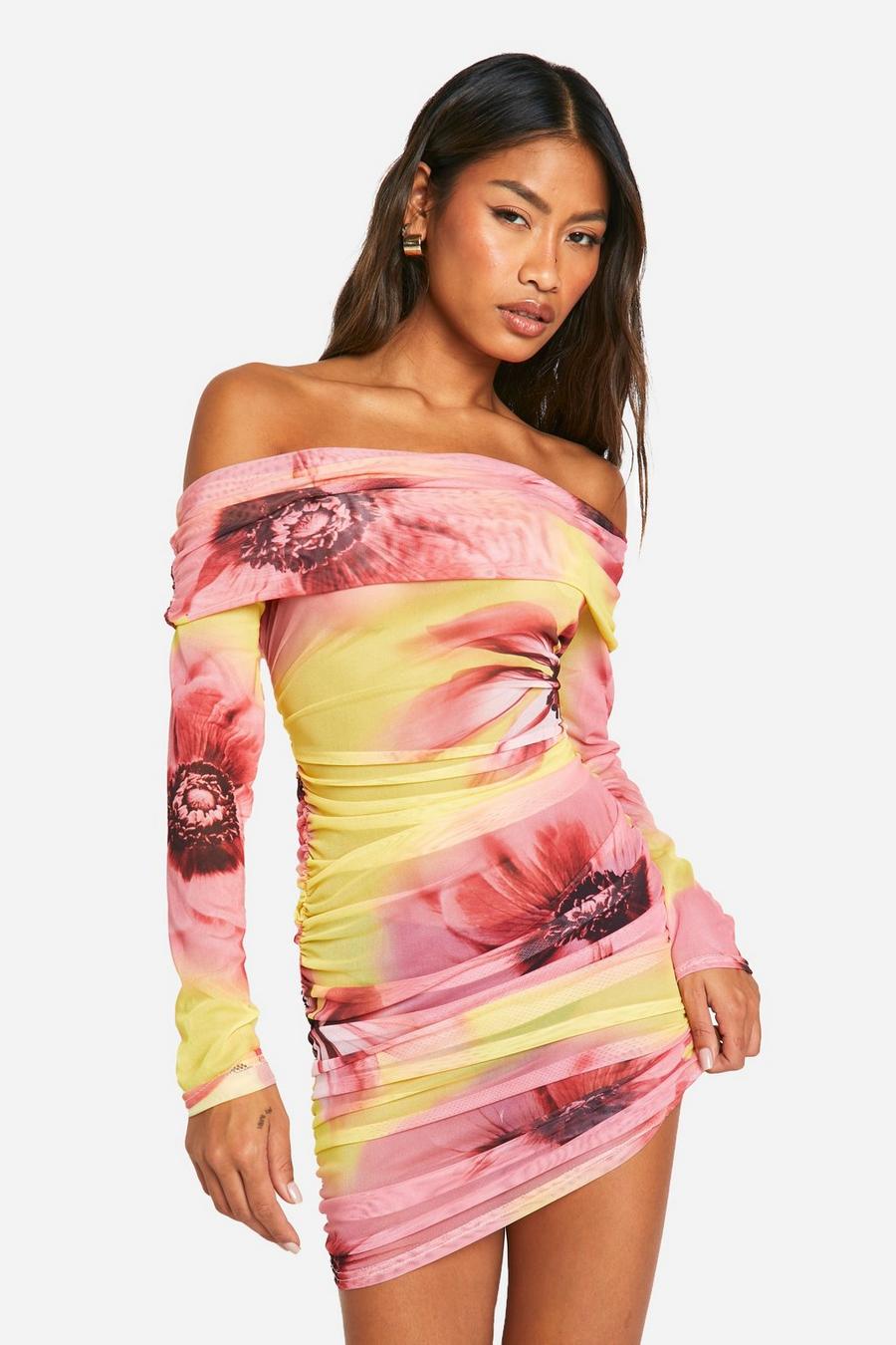 Yellow Off The Shoulder Floral Mesh Mini Dress