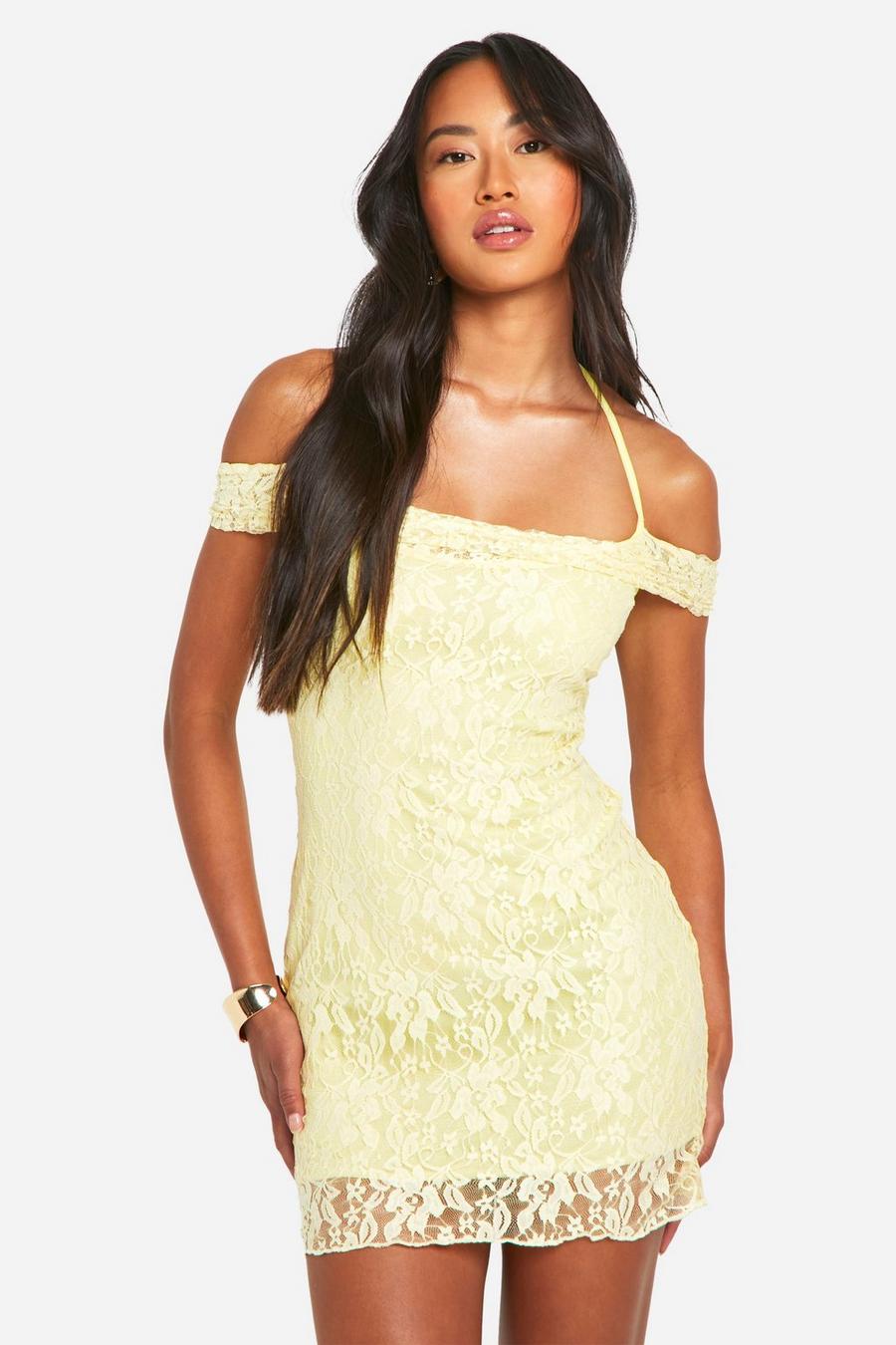 Yellow Lace Off The Shoulder Mini Dress image number 1