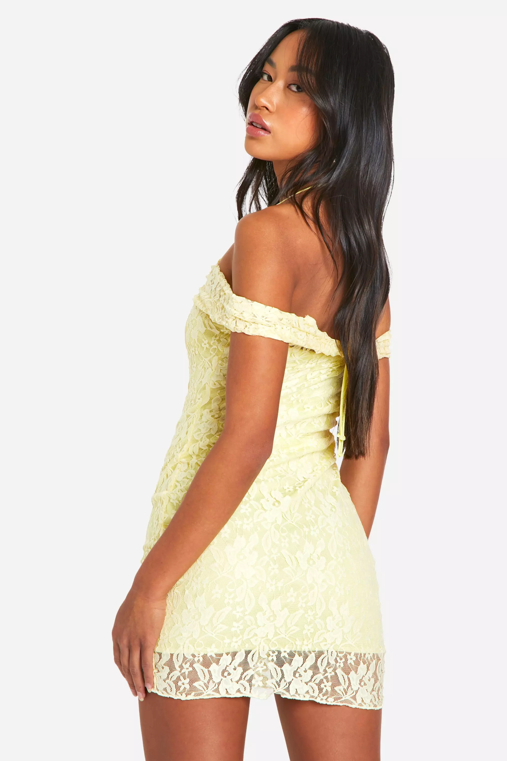 Boohoo yellow lace dress hotsell