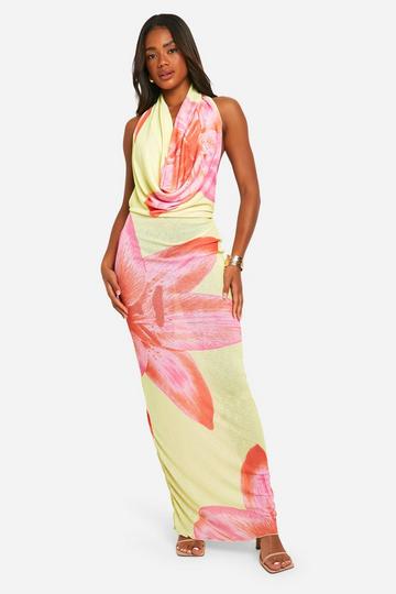 Yellow Sheer Cowl Neck Floral Maxi Dress