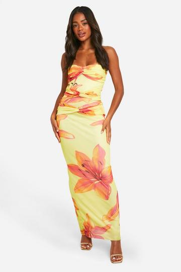 Yellow Bandeau Twist Detail Floral Mesh Maxi Dress