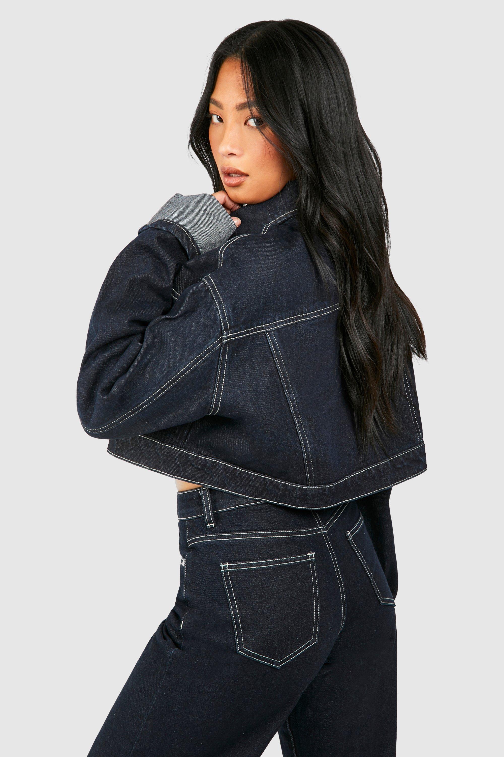 Black cropped denim jacket boohoo sale