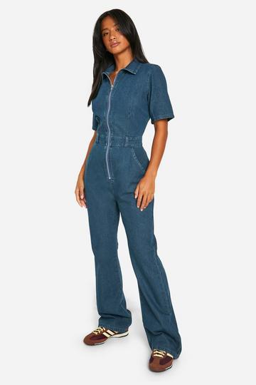 Petite Denim Zip Up Boilersuit blue