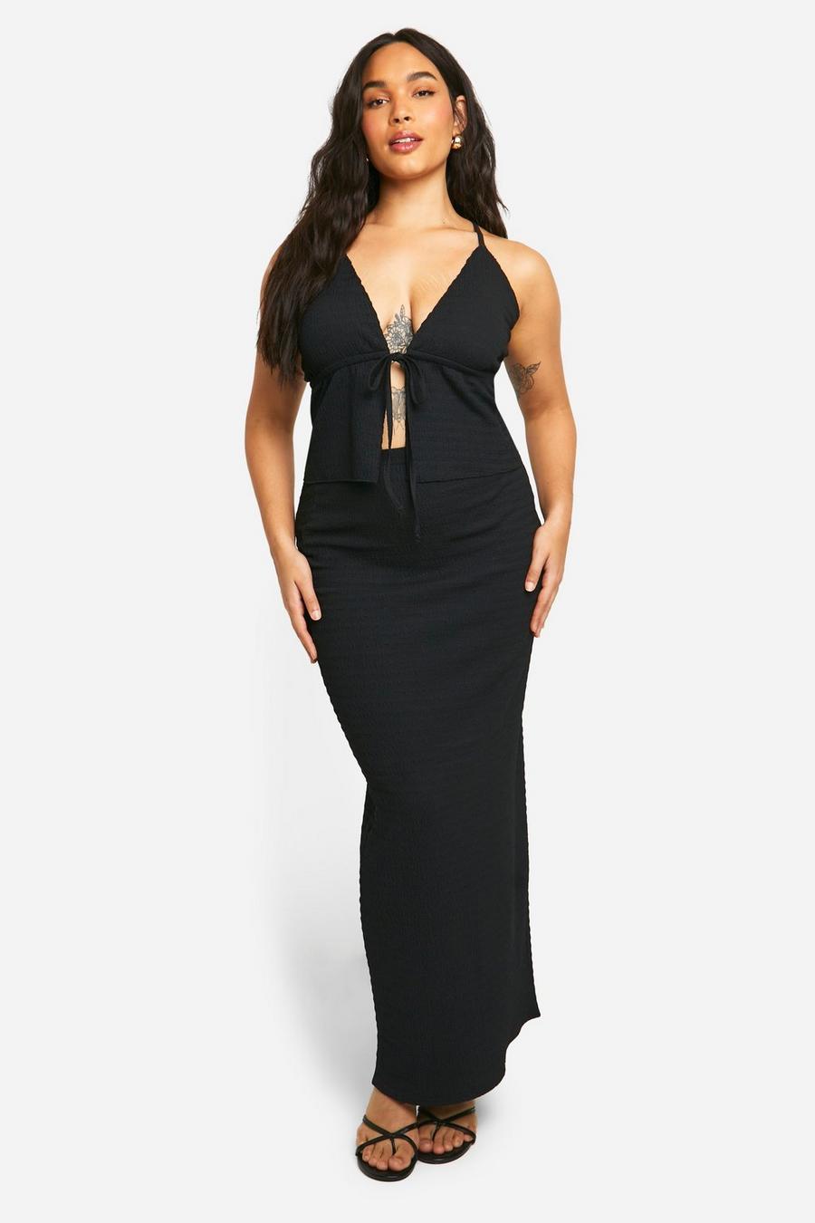 Black Plus Textured Tie Cami Top & Wrap Maxi Skirt Co Ord  image number 1