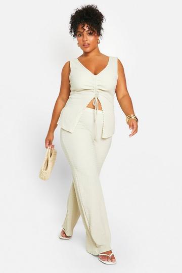 Plus Textured Ruched Top & Wide Leg Trouser Co Ord stone